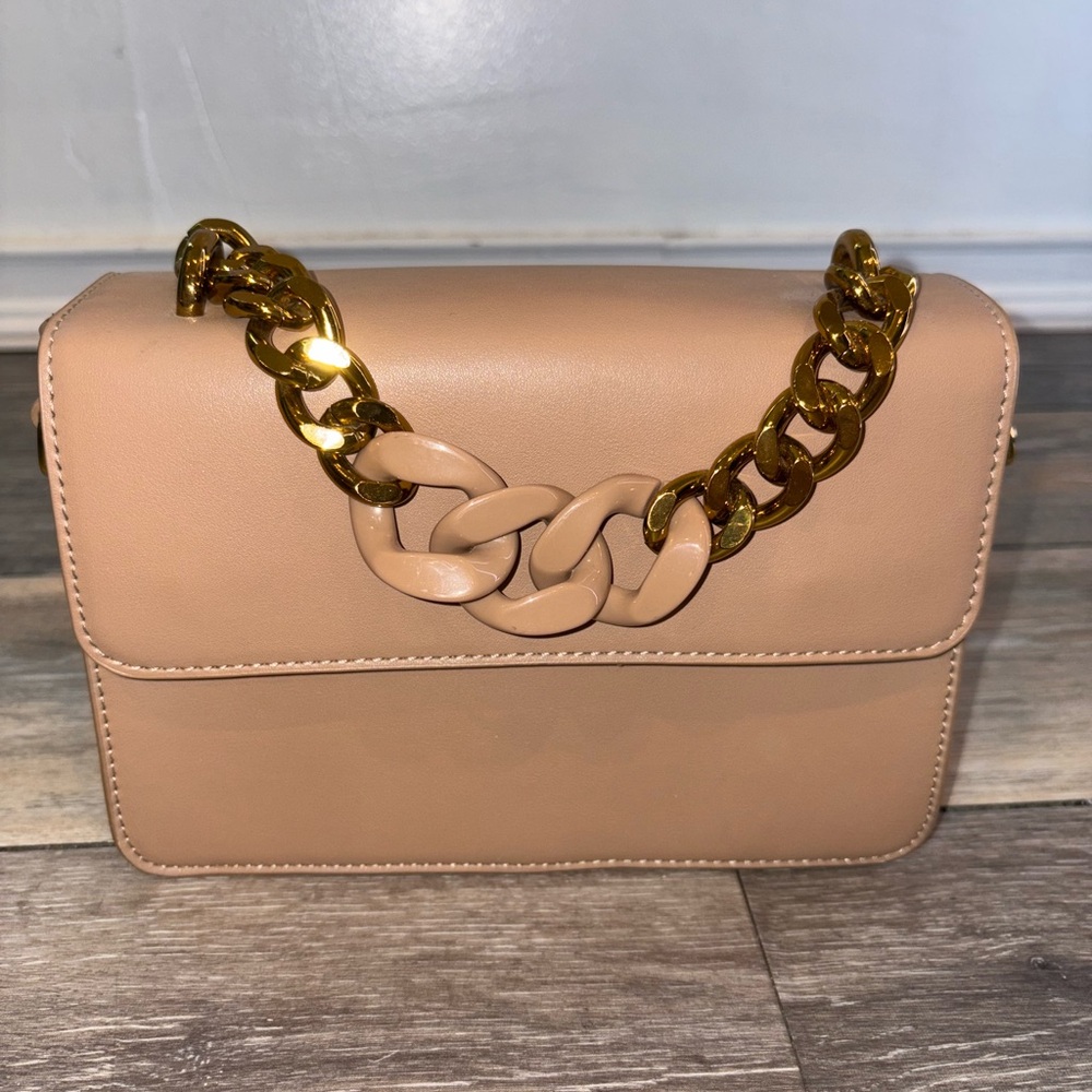 Tan Gold Crossbody Bag with Chain Detail
